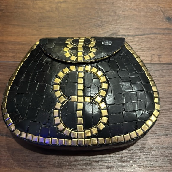 Ramla Handbags - Ramla Mosaic Handmade Mosaic Moroccan Black Handbag with gold color chain.